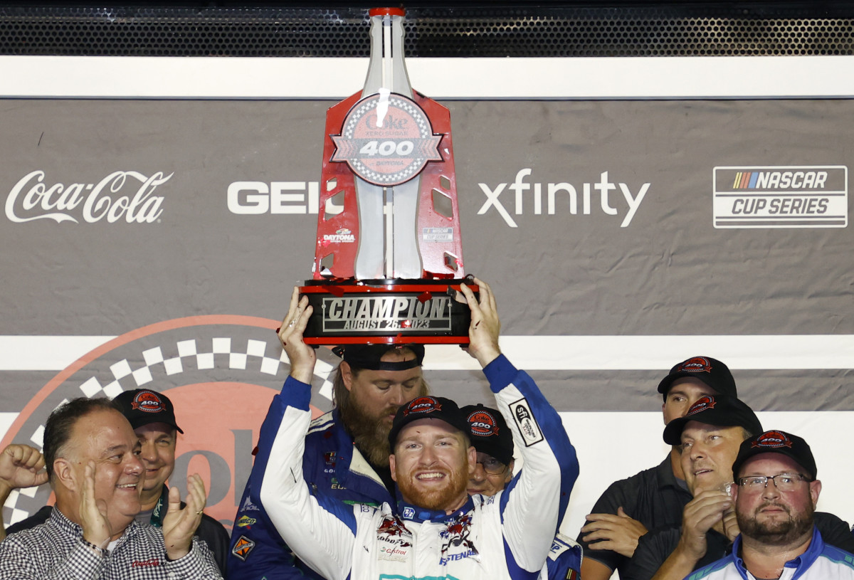 Chris Buescher celebrates after winning Saturday's Coke Zero Sugar 400 at Daytona International Speedway. (Photo by Chris Graythen/Getty Images)